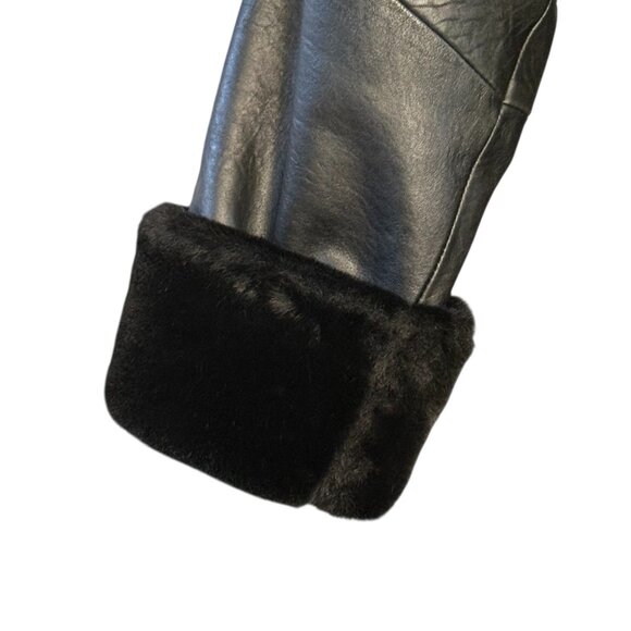 Vintage Laura Winston Size 16 Black Leather Trench Coat Faux Fur Trim EUC 90's - Picture 5 of 16